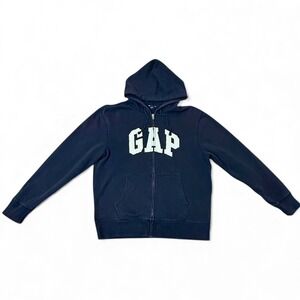 GAP Unisex Sz-Large Full Zip Navy Hoodie Gray‎ LOGO Graphic Hooded Sweatshirt